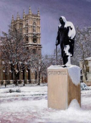 Sir Winston in the cold with Westminster Abbey in the background